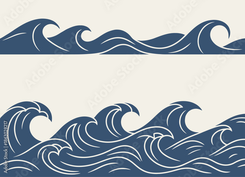 Stylized dark blue ocean waves pattern a light cream background with white accents water