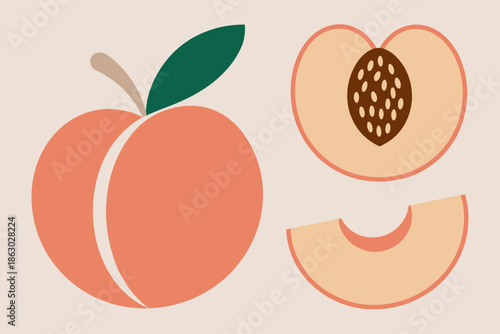 Stylized peach whole halved and sliced with leaf and stem light background fruit food