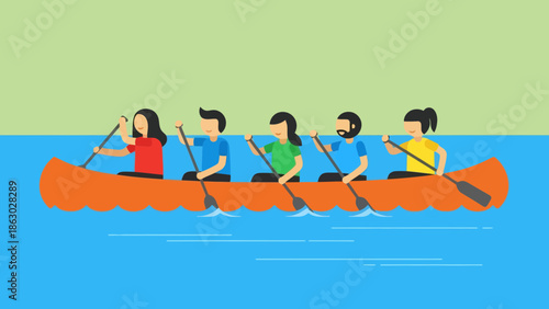 Diverse group of friends paddling together in an orange canoe on a calm blue lake