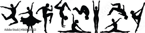Dynamic dancer silhouettes performing jumps, flips, and splits, expressive contemporary dance movement illustration set isolated on white backgroundWeb
