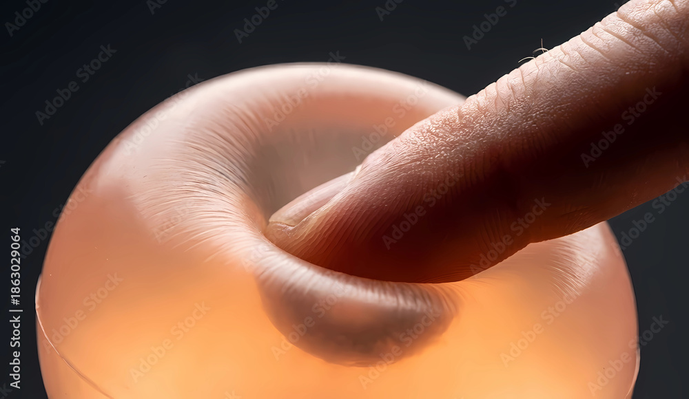 Fototapeta premium A macro close-up shows a human index finger pressing deeply into a soft, translucent peach-colored silicone sphere. The image captures detailed skin texture and elastic surface tension against a dark