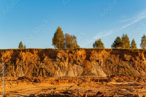 Wallpaper Mural Sand quarry with a steep clay cliff under a clear blue sky, green trees on top Torontodigital.ca