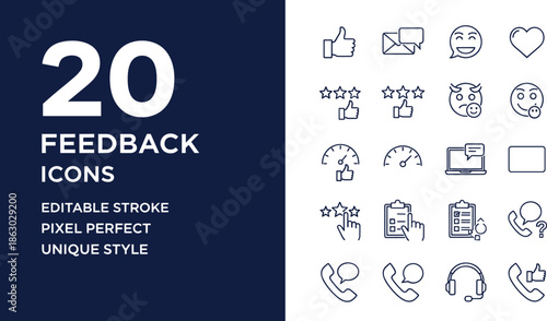 Feedback editable line icon set featuring ratings, reviews, emotions, customer support, satisfaction, and communication symbols in clean outline vector styleWeb