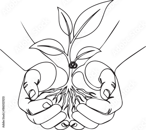  Hands cradling a young plant with roots line art illustration for the ecology and growth concept.