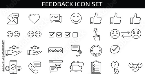 Feedback line icon set featuring ratings, reviews, emotions, likes, messages, surveys, and customer interaction symbols in clean editable outline vector styleWeb