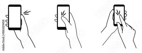 Set of illustrations of a phone and hand, holding, smartphone, touching, tapping, swiping, with a white background