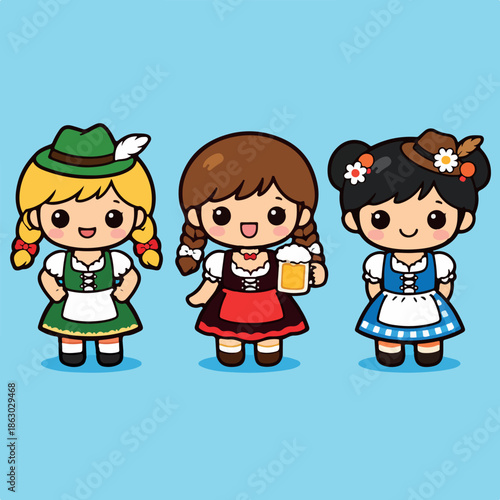 Kawaii Bavarian Girls – Traditional Dirndl Clipart