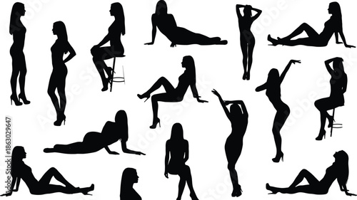 Female fashion model silhouettes set in stylish standing, sitting, and reclining poses, elegant lifestyle figure collection isolated on white backgroundWeb
