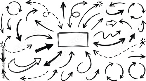 Hand drawn arrows collection pointing in multiple directions, doodle infographic elements set for flowchart, navigation, and creative designWeb