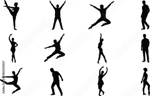 Human and dancer silhouettes set in dynamic poses, expressive jumps, gestures, and walking figures illustration isolated on white backgroundWeb