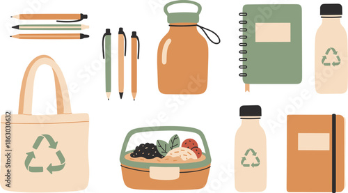 Minimalist eco-friendly illustration of reusable stationery, bottles, and lunch containers for sustainability, education, and lifestyle design