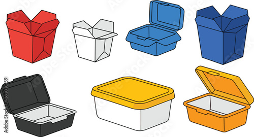 Colorful icon set of food containers including clamshells, takeout boxes, and plastic storage with lid