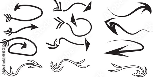 A diverse set of black and white arrow vector designs illustrating direction and movement