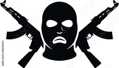 Masked criminal emblem with crossed rifles illustration, bold monochrome threat symbol design for security, crime, and tactical concept graphicsWeb