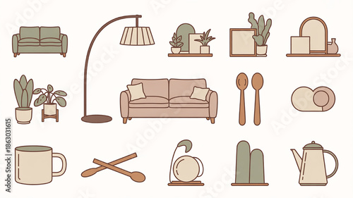 Collection of cozy home decor icons including sofas plants lamps and kitchenware in a minimalist flat design style for interior design concepts