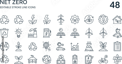 Net zero editable line icon set featuring renewable energy, sustainability, carbon reduction, eco technology, and clean environment symbols in outline vector styleWeb