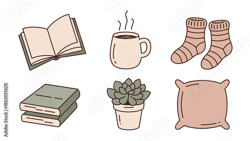 Cozy hygge icons set including an open book stacked books hot drink socks potted plant and pillow for lifestyle and comfort concepts