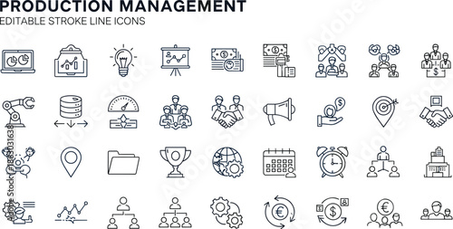 Production management editable line icon set featuring workflow, analytics, planning, teamwork, finance, and manufacturing symbols in minimal outline vector styleWeb