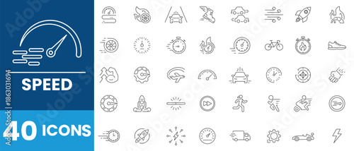 Speed line icon set. Containing fast, slow, movement, productivity, indicator, turbo, speeding, gauge, express and speedometer icons. Linear icon collection. Vector illustration.
