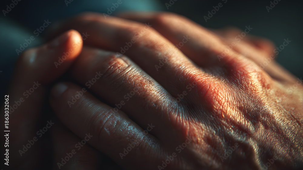 Fototapeta premium Emotional support close-up, hands offering a comforting gesture during an intense emotional conversation.