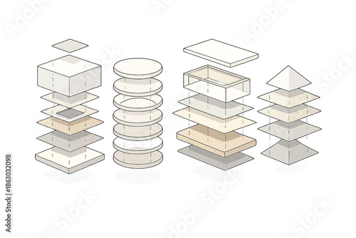 Cutaway Floating Cubes with Layered Internal Sections