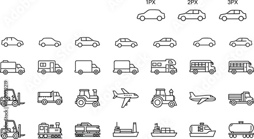 Transportation editable line icon set featuring cars, trucks, buses, aircraft, ships, and industrial vehicles in scalable outline vector styleWeb