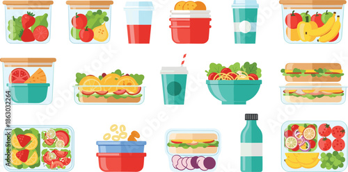 Colorful icon set of packed lunches, fruits, vegetables, snacks, and beverages in transparent containers with brown lids