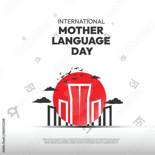 Bold vector poster design for International Mother Language Day featuring black and red color scheme. Includes typographic elements in multiple languages, abstract cultural symbols,