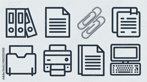 Office supplies and equipment icons including binders paper paper clips printer and computer for business and administrative concepts flat design vector illustration
