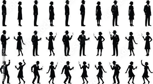 Vintage 1920s man and woman silhouettes set, elegant retro couples dancing, walking, and smoking in classic jazz age style illustrationWeb