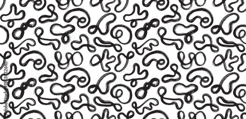 Seamless pattern of black paint brush strokes with grunge texture. Hand drawn curved, wavy ink lines, chaotic dry brush scribbles. Bold messy strokes, textured abstract background for fabric, prints.