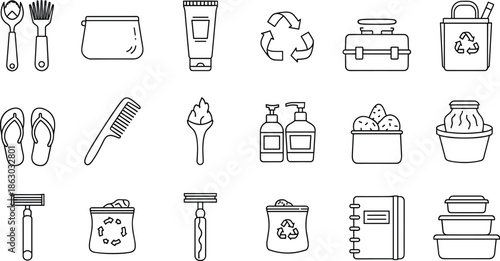 Black-and-white icon set of personal care, hygiene, and eco-friendly items including containers, tools, and recycling symbols