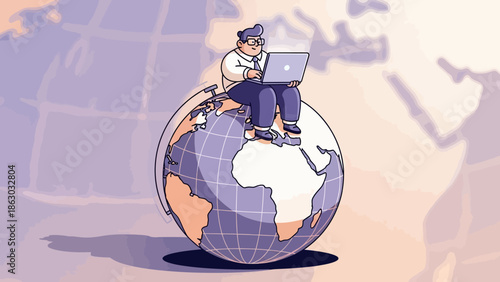 Businessman working remotely on laptop while sitting on a global map