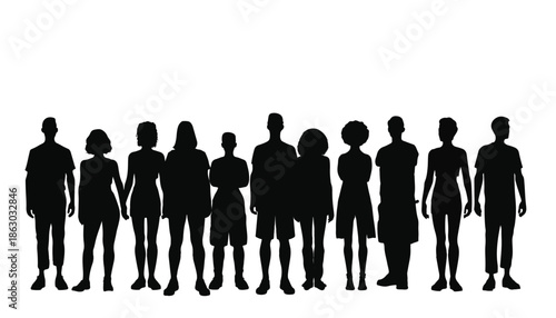 Silhouettes of a diverse group of people standing in a line, showcasing different heights and genders