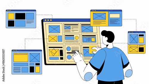 Man designing modern website on large computer screen with multiple browser windows