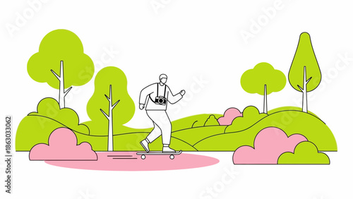 Man skateboarding through a vibrant park with trees and hills