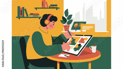 Creative professional working on digital design project in modern home office