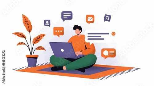 Young man working remotely on laptop in cozy home environment with chat bubbles