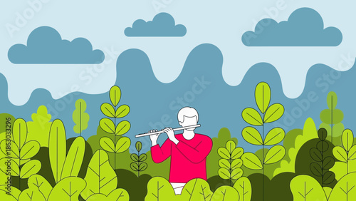 Serene scene of a man playing flute in a lush green meadow with clouds
