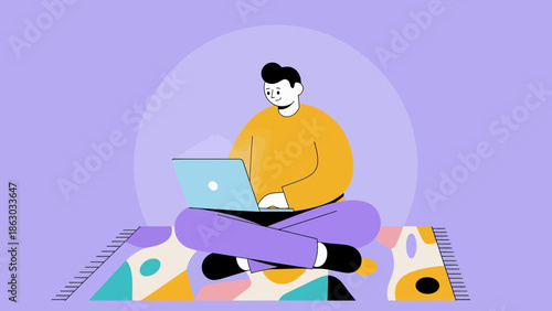 Young man working remotely on laptop in casual comfortable setting