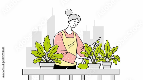Woman nurturing plants in urban setting with cityscape background