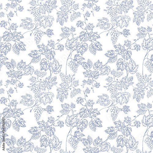 Seamless line art pattern of grapevine branches and leaves in toile de Jouy style. Elegant botanical design perfect for wine labels, packaging, backgrounds, and vineyard-themed projects.