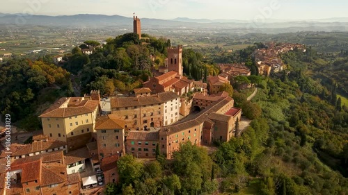 Landscape view of San Miniato hilltop town surrounded by Tuscan countryside. Authentic Italy. cinematic drone footage 4k 60 fps