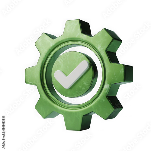  3d green gear with check mark icon isolated on transparent background