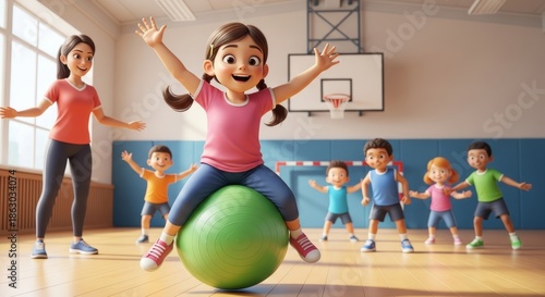 A diverse group of energetic children in athletic wear with a female instructor participate in a fun gym class exercise session with a large stability ball in a brightly lit school gymnasium.
