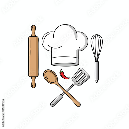 Cartoon illustration featuring kitchen utensils and chef's hat, on a white background