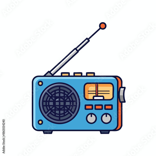 Colorful, cartoon-style radio with antenna, speaker grill, and tuning dial
