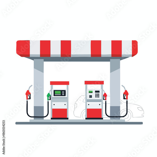 A vector illustration depicting a gas station with pumps and a car outline
