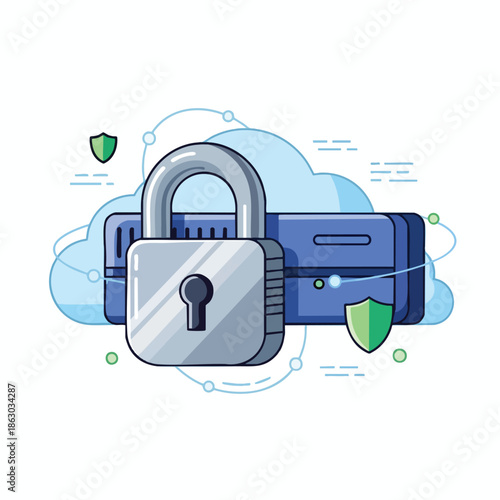 Vector illustration depicting a lock, cloud, shield, and server elements