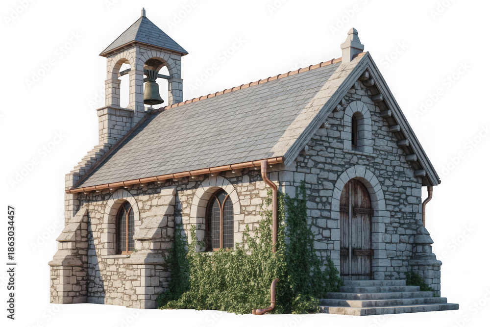 Fototapeta premium Rustic Stone Chapel with Bell Tower on Transparent Background